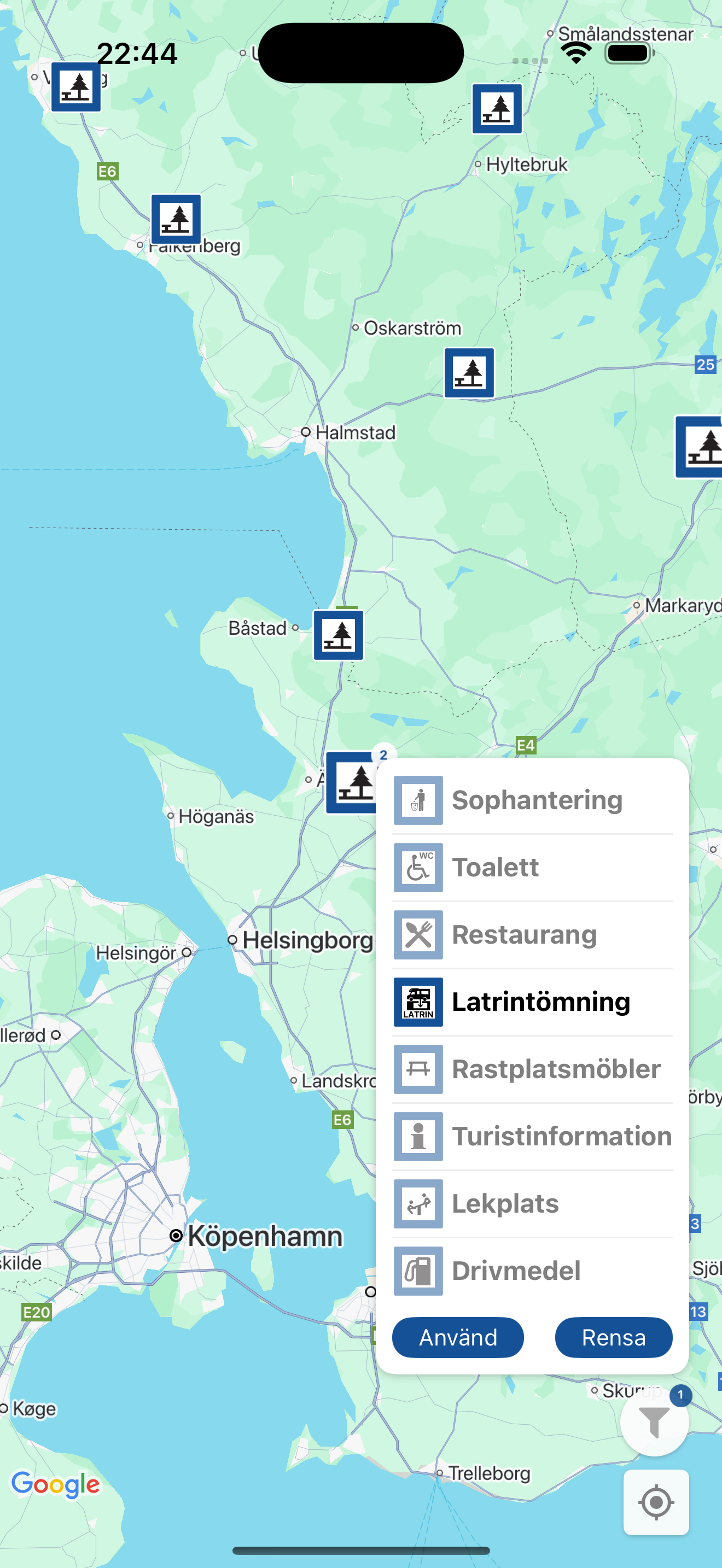 Filteralternativ för att söka rastplatser efter tjänster och bekvämligheter