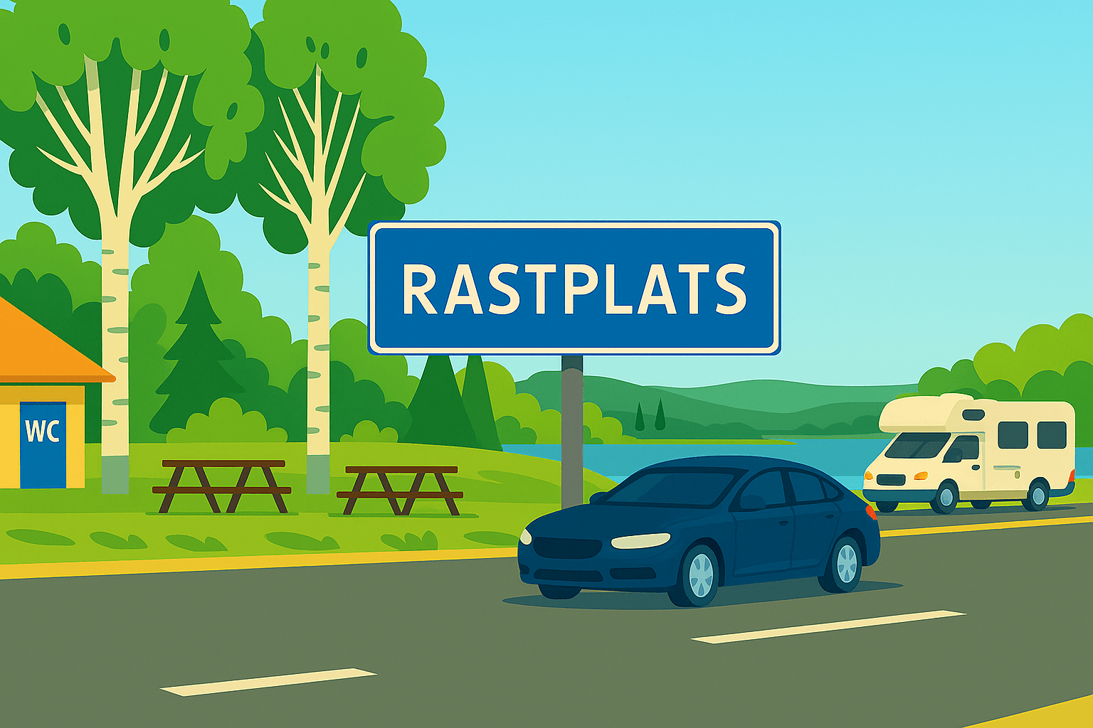 Solig rastplats vid sjö - Rastplatser app